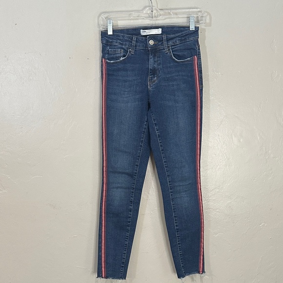 Zara Dark Blue Ankle Stretch Jeans with Red Accents - Picture 1 of 3